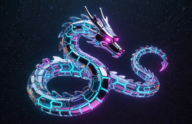 Chromowany cyber smok z cyjanowymi szwami na granatowym tle - wejście do katalogu 2500+ slot&oacute;w w Thrill Casino