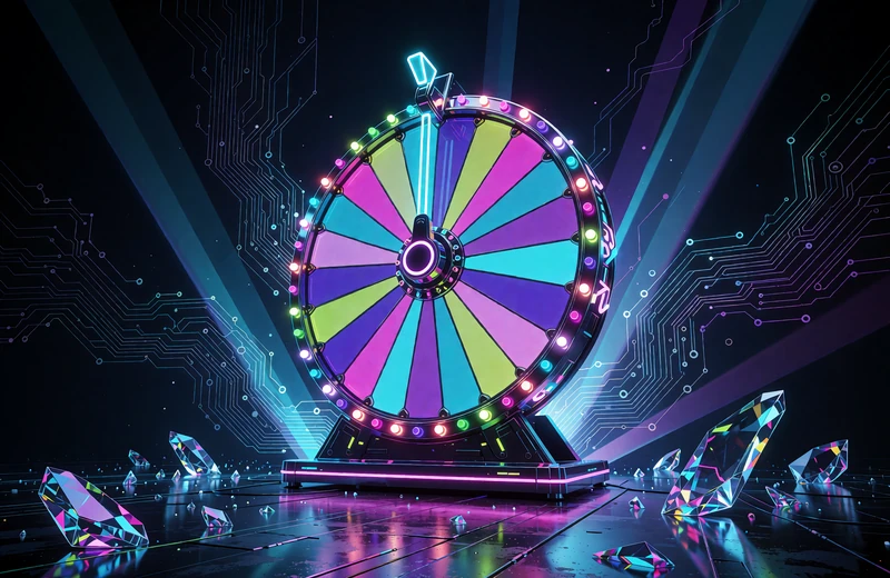 Wielkie koło fortuny w futurystycznym studiu z kolorowymi segmentami - kategoria Game Shows w Thrill Casino