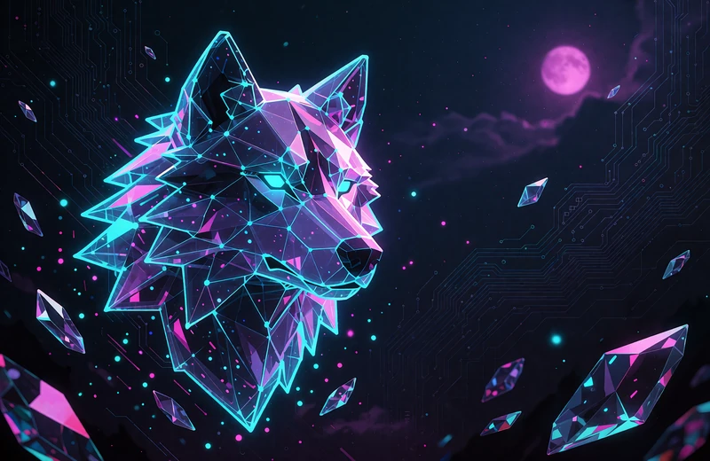 Holograficzna głowa wilka z cyjanowej siatki - grafika kategorii slot&oacute;w Hacksaw Gaming w kasynie krypto Thrill