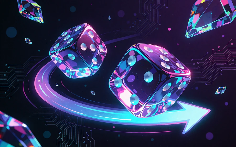 Dwie szklane kostki z neonowymi oczkami w locie - gra Dice z serii Thrill Originals provably fair