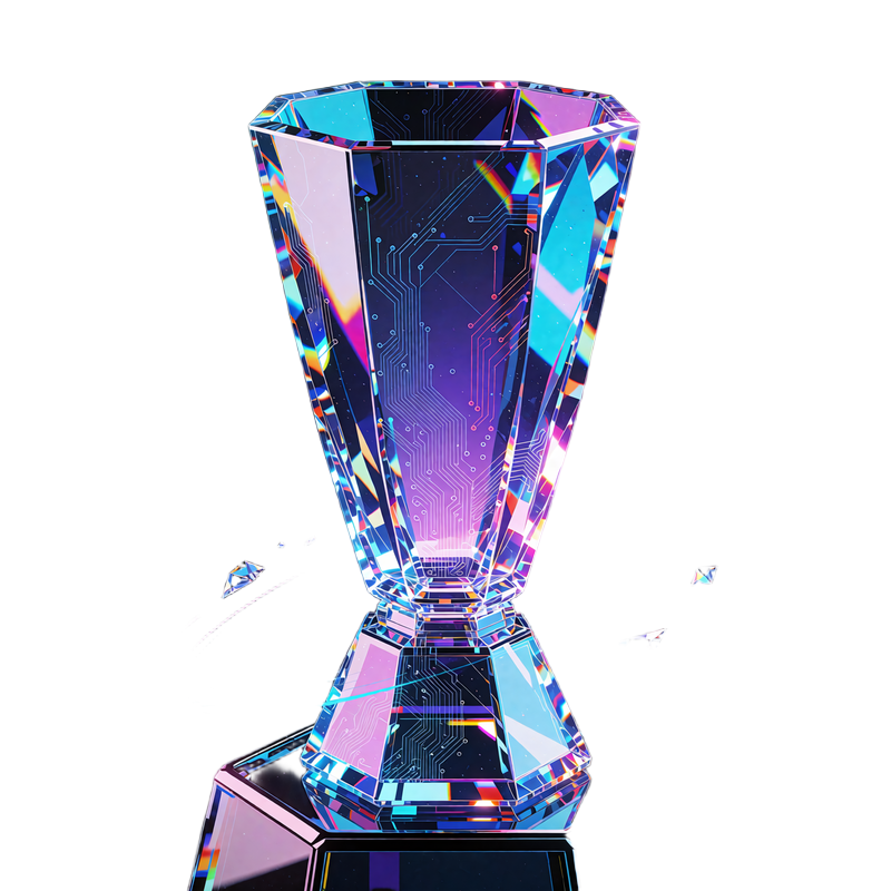 Szklany puchar na sześciokątnym cokole z cyjanowymi smugami toru - Weekly Race 75 000 USD w Thrill Casino